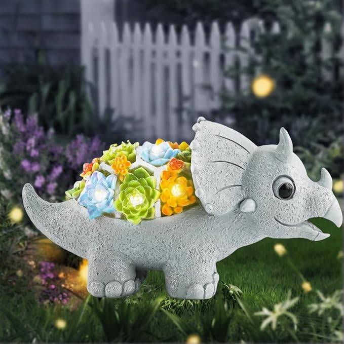 Garden Decor Solar Dinosaur Statues with Succulent and LED Lights for Outside, Outdoor Lawn Decorations Statue for Patio,Balcony,Yard,Unique Housewarming & Birthday Gifts for Women Mom Grandma