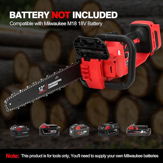 Brushless Electric Chainsaw 12" Cordless Tool Only for Milwaukee M18 18V Battery with Auto Oiler & Security Lock, for Tree Trimming and Branch Wood Cutting (Tool Only) (for Milwaukee 18v Battery)