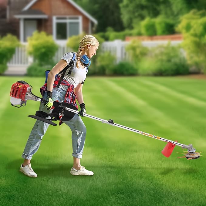 Gas Powered Weed Eater, 26cc 2-Stroke Cordless Lawn Edger Gas String Trimmer with Two Blade Heads, Trimmer Power Gasoline Chainsaw for Home Lawn, Orchard Mowing, Tea Garden Mowing