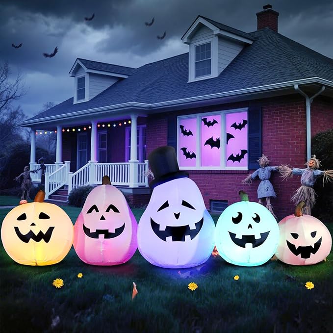 DomKom 8 FT Long Halloween Inflatable White Pumpkin Built in Colorful LED Lights, Holiday Blow up Yard Decoration for Halloween Party Outdoor, Garden Yard Lawn Decor