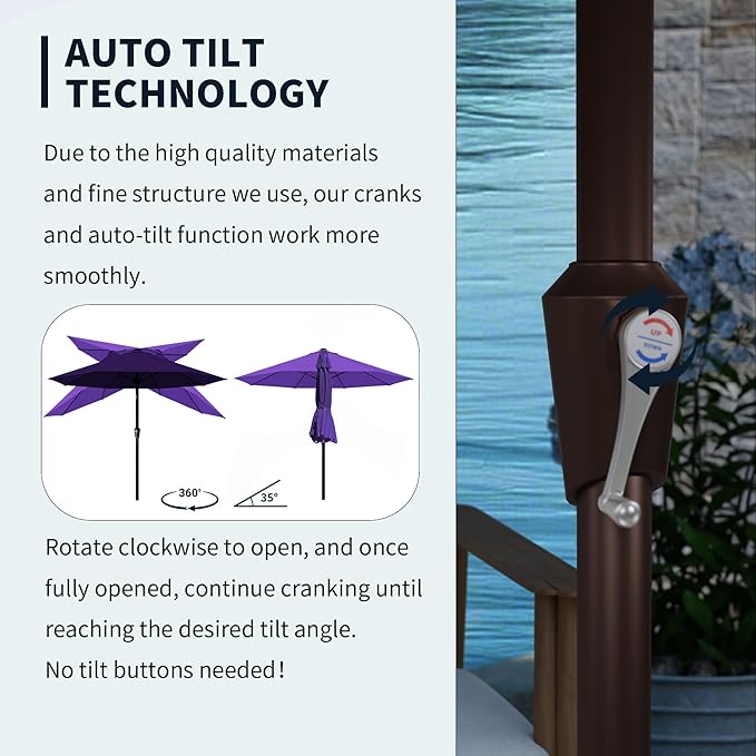 PatioKingdom Auto-Tilt 9FT Patio Umbrella Outdoor with 8 Sturdy Fiberglass Ribs,Market Table Umbrella for Pool,Backyard,Deck and Garden