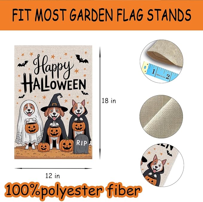 HTBIG Happy Halloween Garden Flag, Funny Dog Pumpkin Halloween Decor, Yard Flags for Outside 12x18 inch, Outside Yard for Home Decorations