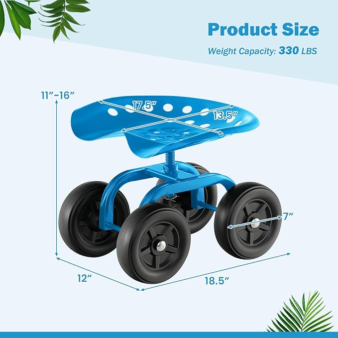 Rolling Garden Seat, Garden Cart with 360° Swivel Work Seat & Adjustable Height, Heavy Duty Garden Seat with Wheels for Lawn Yard Patio Greenhouse Planting Cleaning (Blue)