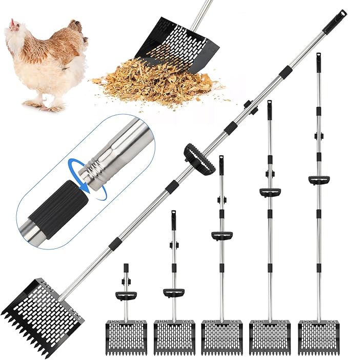 FHTONGE Heavy Large 2-in-1 Chicken Poop Scoop and Rake with Grip, Adjustable 5 Lenghts 22-74" Metal Chicken Coop Scooper for Sand Hay Bedding Litter, Sifting Shovel for Farm Livestock Poultry Garden