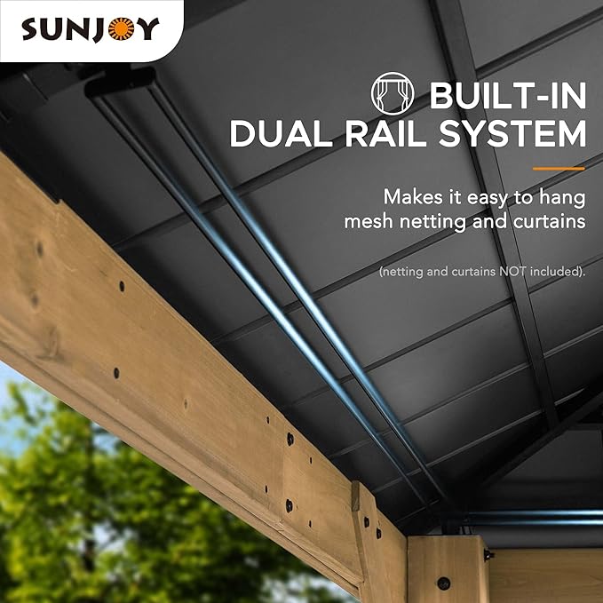 SUNJOY 11 x 13 ft. Wood Gazebo Cedar Framed Gaezbos with Black Double Steel Hardtop Roof for Garden, Backyard Shade, Matte Black Roof + Natural Wood Frame