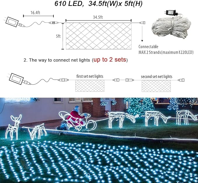 Christmas Net Lights, 610 LED Large Outdoor Net Mesh Lights 34.5X 5ft, 8 Modes Waterproof Twinkle String Lights Connectable for Bushes Halloween Yard Decor, Cool White