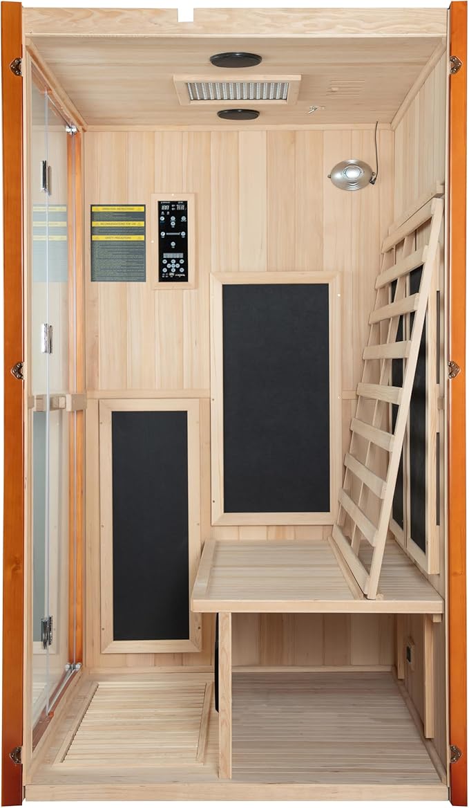 Woodbridge Infrared Home Sauna Room 2 Person Hemlock Wooden Indoor Sauna with 7 Carbon Heaters, Red Light Therapy, Bluetooth Speaker, Intelligent Control Panel, Tempered Glass & Top Vent