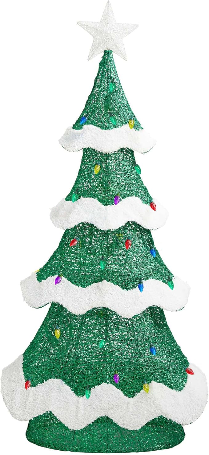 Glitzhome 6FT Outdoor Lighted 3D Christmas Tree, Large Mesh Christmas Tree Holiday Yard Decoration with Colorful Bulbs and 261 Green LED Lights, for Xmas Lighted Holiday Display Indoor Outdoor