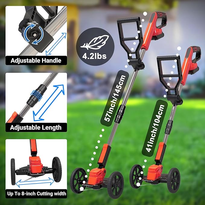 Cordless Weed Wacker Eater Battery Powered, 21V Lightweight Electric Weed Trimmer with 2 Battery Operated & Charger& Wheels & Shears, No-String Grass Trimmer/Brush Cutter/Lawn Edger for Yard Garden