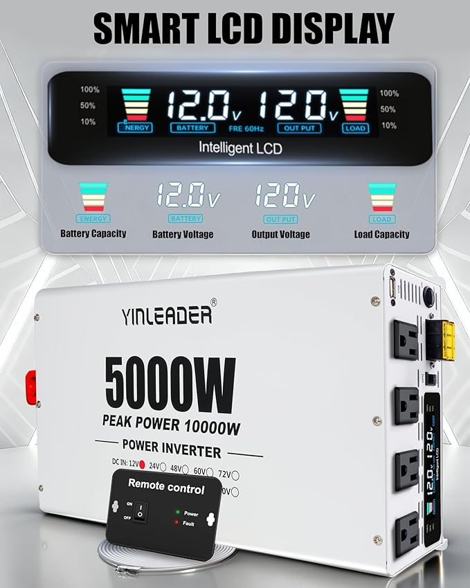 5000W Power Inverter 12V to 110V/120V, Solar Inverter Remote for RV Camping Off-Grid Solar Inverter Systems