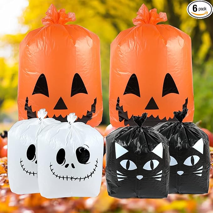 Labeol Halloween Pumpkin Leaf Bags 6Pcs Halloween Decorations Outdoor Lawn Bags with Ties Goodie Trash Yard Waste Fall Garden Decor