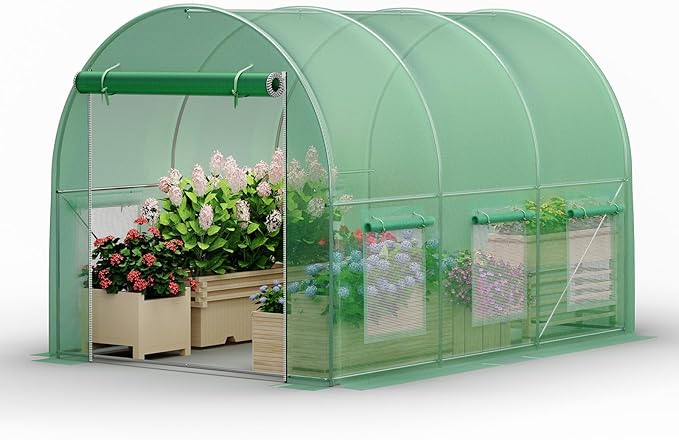 Walk-in Greenhouse 10×7×7FT, Outdoor Tunnel Greenhouse, Large Plant Hoop House for Outside, Hot House for Winter with 6 Ventilated Mesh Windows, Galvanized Steel Frame (Green, 10×7×7FT)