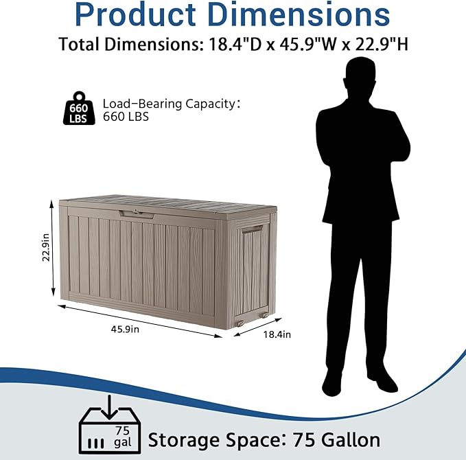 Deck Box Outdoor with 75 Gallon, Rollers for Mobility, Handles Waterproof Storage Box with Lockable for Store Garden Tools Backyard, Multi-Functional Seat & Table, Light Brown