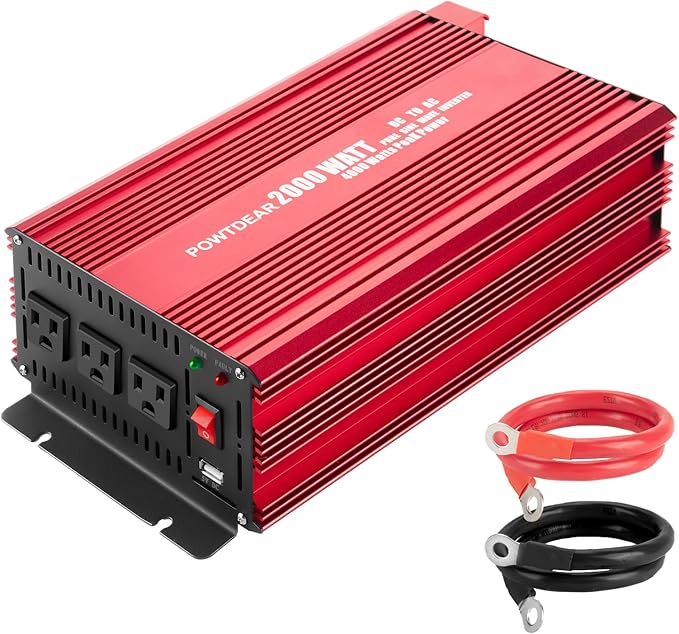 Pure Sine Vane Power Inverter 2000 Watt, DC 12V to 110V AC Converter with 3 Charger Outlets and with 2 Built-in 5V/2.1A USB Port Red