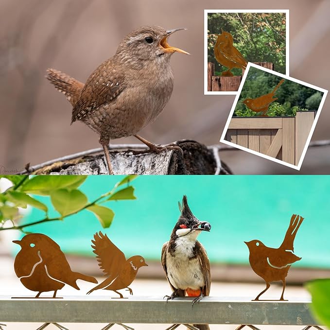 DIVINA VITAE 10Pcs Rusty Birds Decoration Lifelike Metal Birds Yard Art Simulation Bird Statue Yard Garden Decor for Outdoor Sculptures Art Fence Decorations