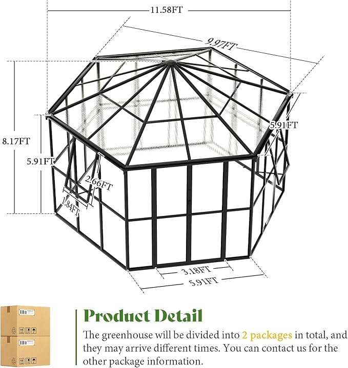 AMERLIFE 12x10x8 FT Hexagonal Hybrid Polycarbonate Greenhouse for Outdoors, Quick-Connect Assembly, Aluminum Frame with Ventilation and Rain Gutter for Backyard Garden, Black