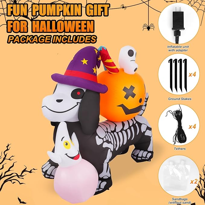 Halloween Inflatable Pumpkins & Skeleton Dog Decorations, 5FT Halloween Inflatable Outdoor Decorations, Blow up LED Lights Lighted Yard Decorations, Lawn Inflatables Home Family Outside Holiday Decor