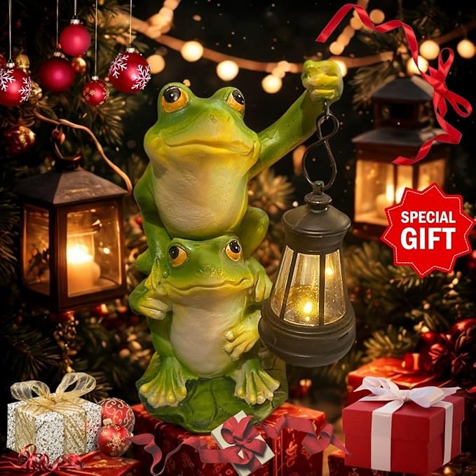 Solar Garden Statues Outdoor Decor-Frog Statue with Solar Lantern-Fairy Garden Outdoor Decor Art for Patio,Yard,Lawn Ornament,Unique Birthday House Warming Gifts for Women,Mom,Dad