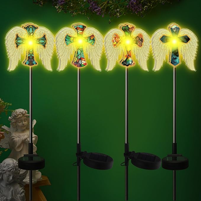 Retisee 4 Pack Halloween Decoration Cross Angel Wings Solar Lights for Outdoor Memorial Solar Lights for Graves Lighted for Halloween Christmas Garden Lawn Porch Yard Patio Waterproof Decor