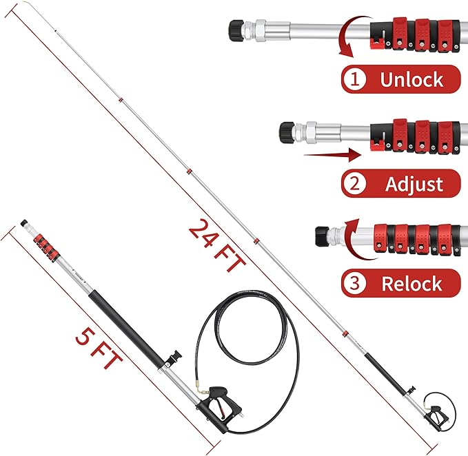 24 FT Gutter Cleaning Tools from The Ground - Telescoping Pressure Washer Wand - Gutter Cleaner Attachment with Power Washer Extension Wands, Brush, 7 Spray Nozzle Tips, 3 Hose Adapters, Support Belt