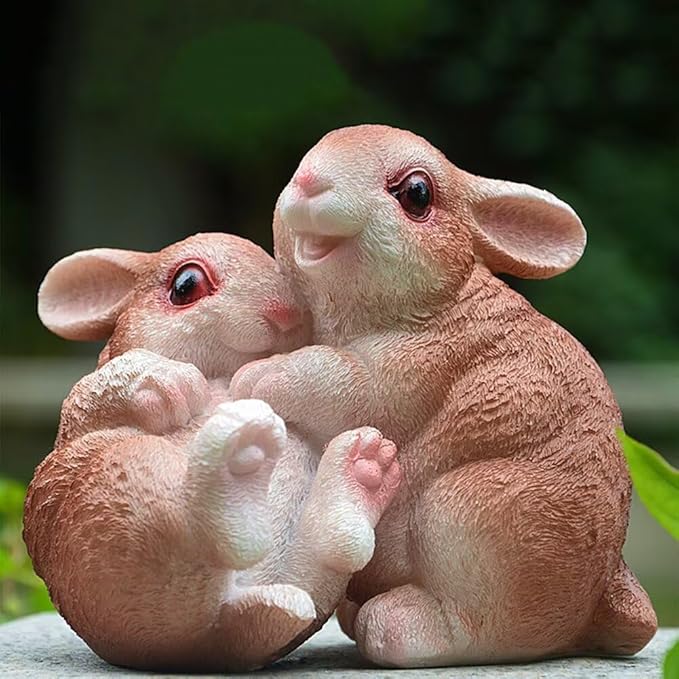 Garden Statues Bunny Decor Resin Hug Rabbit Figurine Cute Fairy Garden Decor Outdoor Statues for Patio Yard Porch Balcony Gifts for Women Mom Grandma Brown