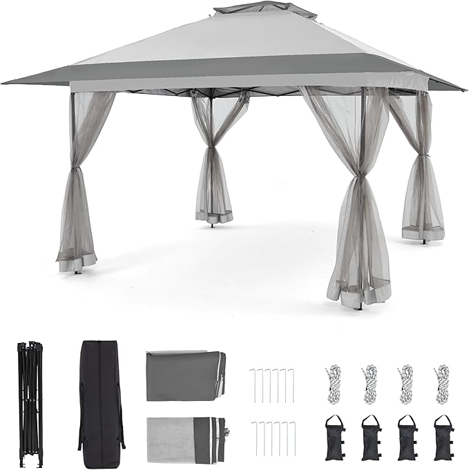 Bezseller 13x13 Pop Up Gazebo Tent with Mosquito Netting – Quick Set Up, Water-Resistant Outdoor Canopy for Patio, Garden, Backyard, and More,Light Grey