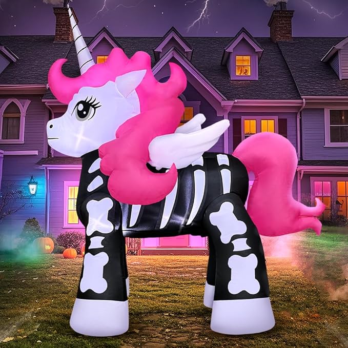 5FT Halloween Inflatables Decoration Outdoor, Halloween Blow up Outdoor Decoration, Built in LED Lights Skeleton Unicorn Decorations for Party, Indoor, Outdoor, Garden, Yard Lawn Décor