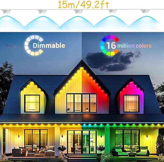Digivifext Permanent Outdoor RGB Light String, 50ft 30LED Smart Eaves Light with Application/Remote Control, IP67 Waterproof, Suitable for Holiday, Christmas, and Daily Lighting