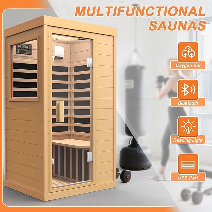 Far Infrared Sauna, Canadian Hemlock Wood Sauna Spa Room for Indoor,1062W 110V Low EMF Saunas with Control Panel and Integrated Speakers, Mini Home Sauna Room for One Person (Wood)