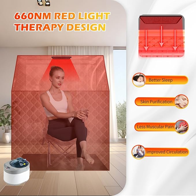 Smartmak 2 Person Portable Steam Infrared Sauna Box with 660nm Red Light Therapy Lamp for Home Relaxation, 4 L 1500W Steamer Extra Large Full Body Saunas Spa Tent, Remote Control, 2 Folding Chairs