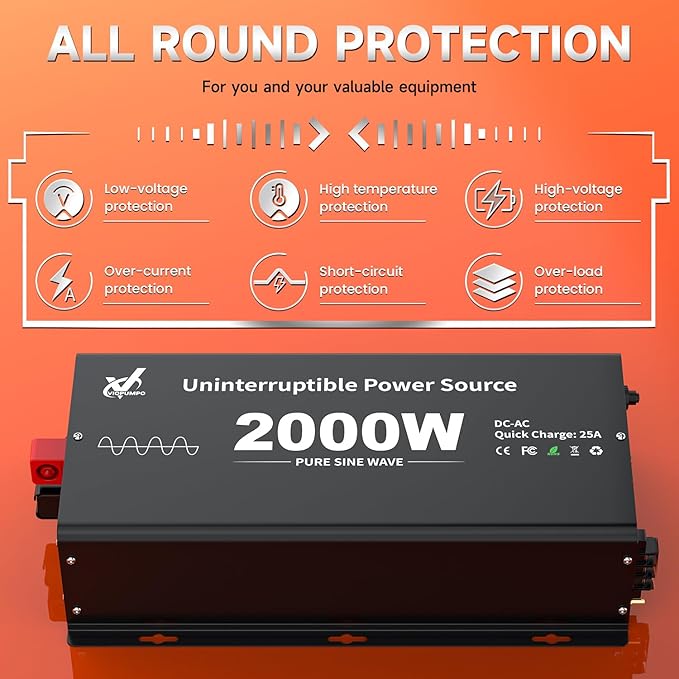2000 Watt Sump Pump Battery Backup System, Pure Sine Wave Output, Professional Backup System in The Event of a Power Outage, Remote Controller with LCD Screen, Automatic Grid and Battery Switchover