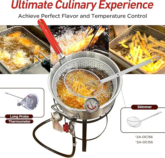 Red Mountain Valley 10.5 Qt Outdoor Propane Fish Fryer Pot Kit with Aluminum Strainer Basket, Thermometer for Boiling and Frying, 50,000 BTU Burner, 0-5 PSI Regulator, Full CSA Approved Fish Cooker