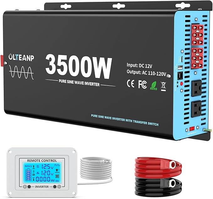 3500W Pure Sine Wave Inverter with Transfer Switch, 12V DC to 120V AC Converter with 2AC Outlets, USB Port, Type-C Port, Remote Controller, Power Inverter for RV, Outdoor, Auto Swtich to Shore Power
