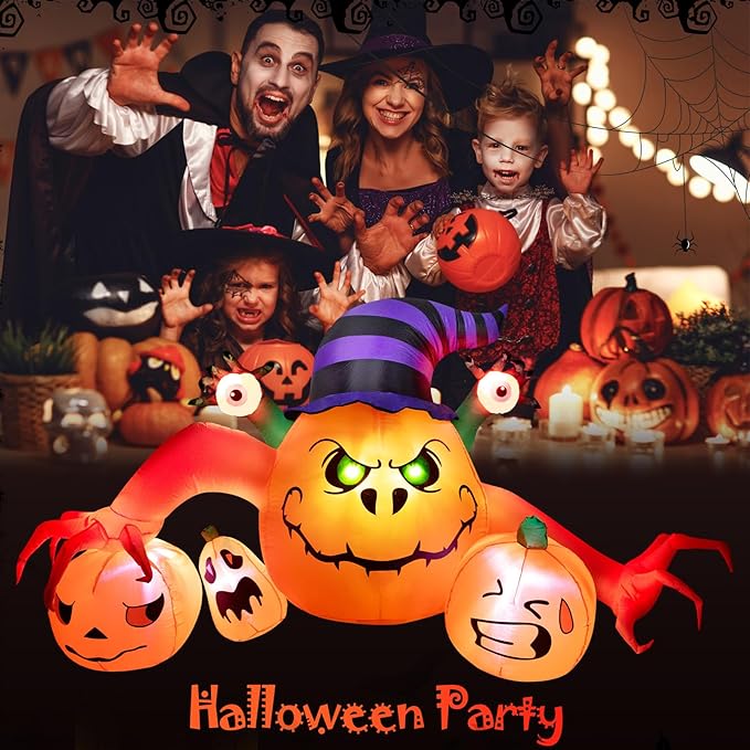 8FT Long Halloween Inflatable Outdoor Decorations, Pumpkin Decorations with Build-in LED Lights, Blow Up Jack-o-Lantern for Indoor Outdoor Halloween Party, Yard, Garden, Lawn