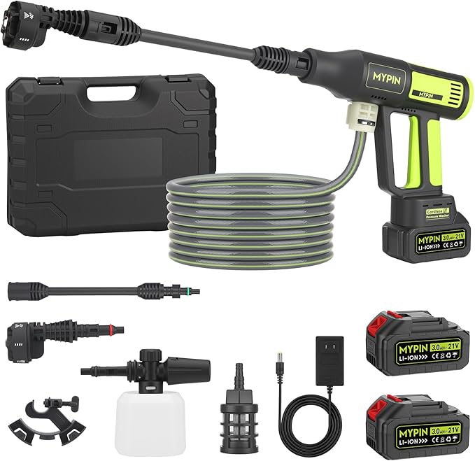Upgraded LCD Display Portable Cordless Pressure Washer with Brushless Motor, 725 PSI 21V 2x3.0Ah Rechargeable Batteries Powered Pressure Washer, 6-in-1 Nozzle for Car Floor Wall Fence Cleaning
