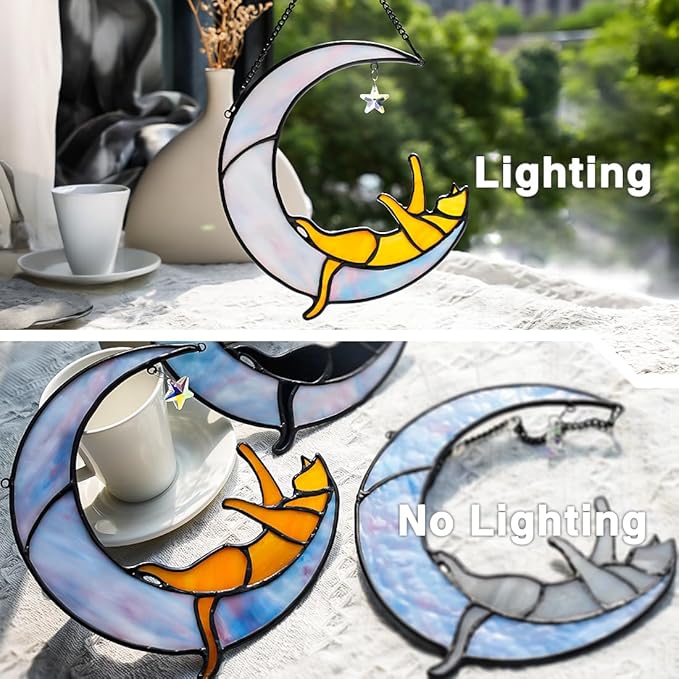 Orange Cat on Moon Stained Glass Suncatchers Star Crystal Decor,Rainbow Stained Glass Window Hangings,Funny Cat Lover Themed Gifts for Women Mom