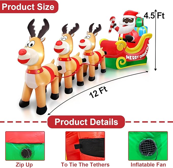 TURNMEON 12 Foot Long Christmas Inflatables Outdoor Decorations Black Santa Claus on Sleigh with Three Reindeer & Gift Box Inflatable Christmas Built-in LED Lights Blow Up Xmas Yard Lawn Garden Decor
