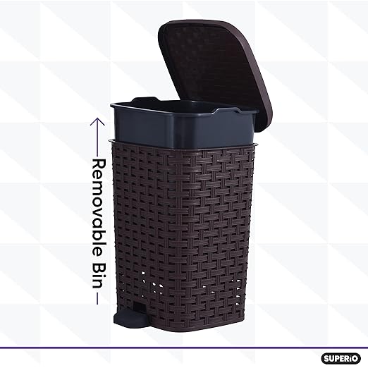 Superio Mini Trash Can with Foot Pedal Small Outdoor Garbage Can with Lid, 1.5 Gallon Plastic Waste Basket for Bathroom, Bedroom, Kitchen, Office, Patio (Wicker Brown 6 QT.)
