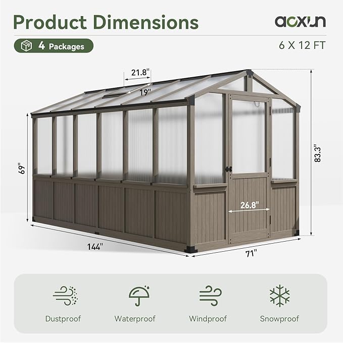 Aoxun 6x12 FT Wood Green House for Outdoors, Polycarbonate Panel Wooden Walk-in Greenhouse Kit with Automatic Temperature Control Roof Vent and Lockable Door, for Outside Backyard Garden, Gray