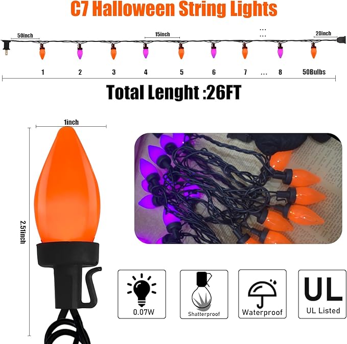 Purple and Orange Christmas Lights, 26FT 50 Count Christmas C7 LED String Lights for Indoor/Outdoor Use, Christmas Decorations for Patio Home Party Garden Yard-Black Wire