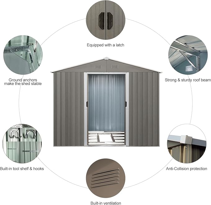 10 x 8 FT Outdoor Storage Shed, Metal Garden Shed with Floor Frame, Large Tool Shed Outdoor Storage with Lockable Sliding Doors & Air Vents, Storage House Waterproof for Backyard, Lawn, Gray