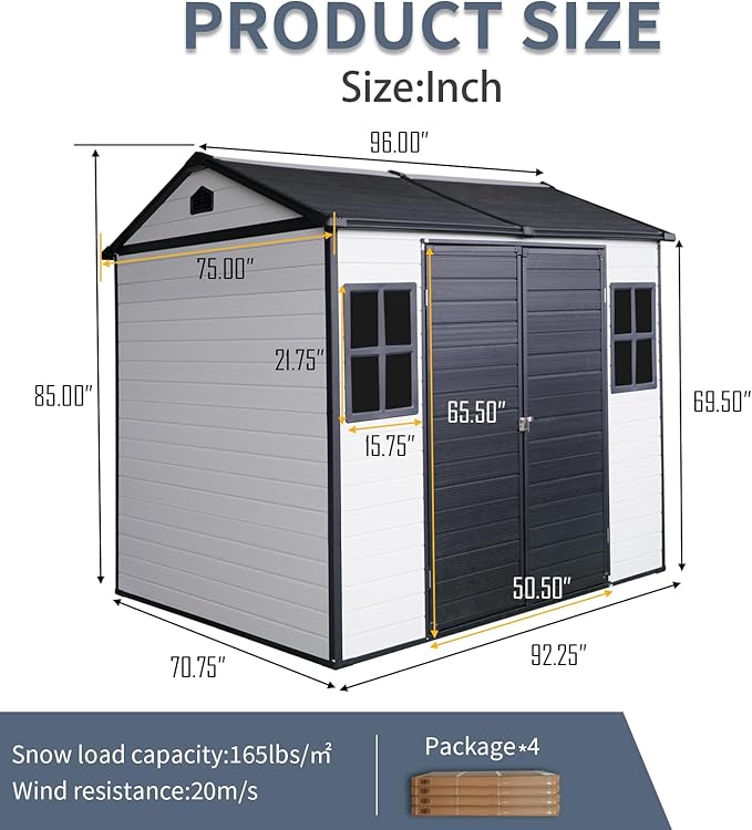 Outdoor Storage Shed with Two-Window and Lockable Door, 8 x 6 FT Resin Storage Shed, Plastic Tool Shed with Floor for Gargen, Patio, Yard, Lawn