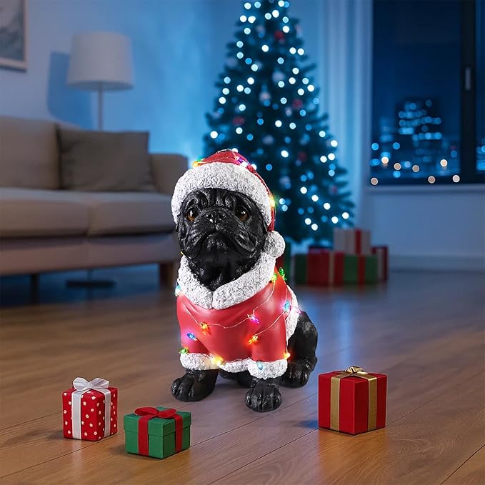 Christmas Outdoor Decoration Dog Statue, LED Light Cute English Bulldog Sculpture with Santa Outfit & Lights for Garden and Yard, Indoor Holiday Décor Gift for mom and dad
