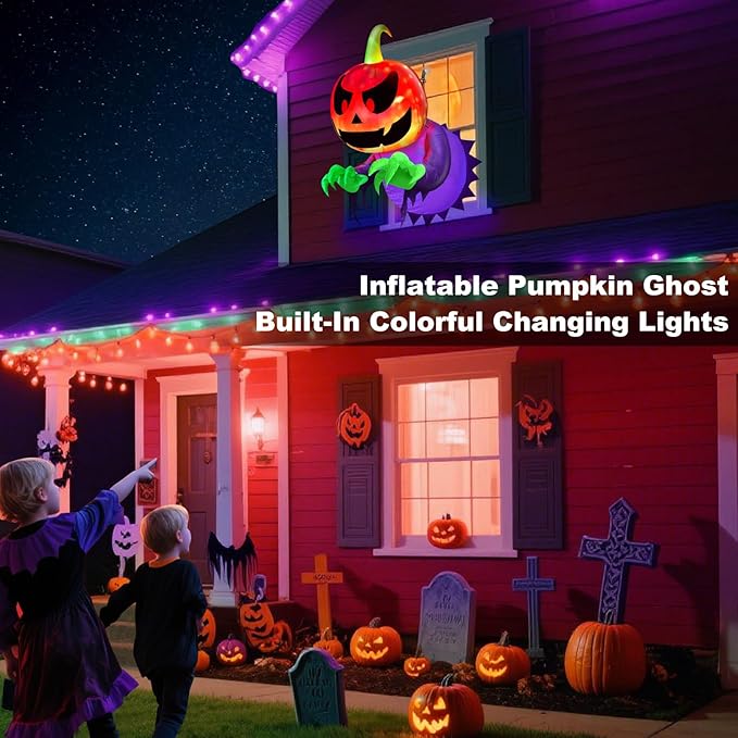 TURNMEON 4 Ft Inflatable Halloween Window Decoration, Blow Up Pumpkin Ghost Broke Out from Window Built-in Multicolored Changing Lights, Halloween Decor for Outdoor Home Party Yard Garden Lawn