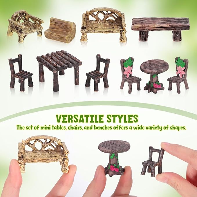 Garneck 10 Pcs Miniature Resin Fairy Garden Furniture Ornaments Rustic Mini Tables and Chairs Bench for Vintage Dollhouse Accessories Home Micro Landscape