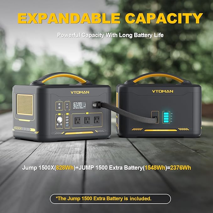 VTOMAN 2376Wh Portable Power Station with Extra Battery & 200W Solar Panel - 1500W Up to 3000W Solar Power Generator for Home Backup, Off-grid, Road Trip, RV, Camping, Fishing, Vehicle Emergency