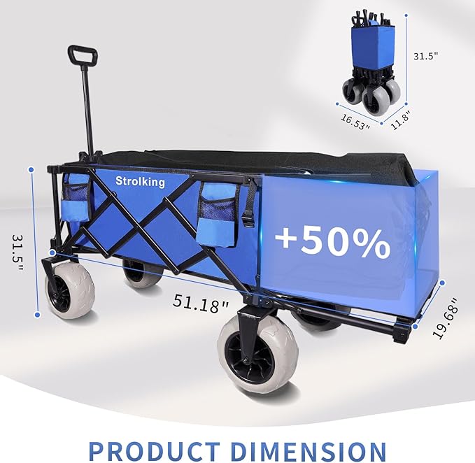 51" L Beach Wagon with 9" Sand Wheels,260L Collapsible Beach Cart with Rear Tailgate,Heavy Duty Wagon for Sand, Camping, Fishing and Sport,Blue