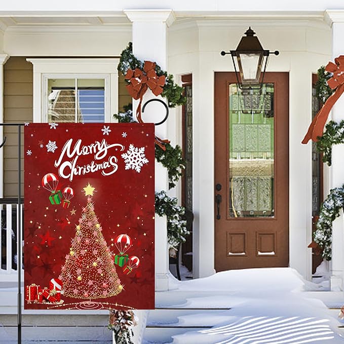 Merry Christmas Garden Flag 12 x 18 Inch Vertical Double Sided Glowing Xmas Trees Landing Gift Boxes Winter Holiday Decoration Outdoor Yard Lawn Flag