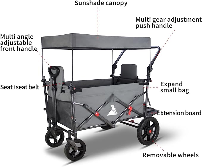 Collapsible Foldable Wagon Cart with All Terrain Wheels &Canopy& 2 Seats- Heavy Duty Utility Wagon 265 lbs Capacity for Camping, Garden, Shopping (Grey)