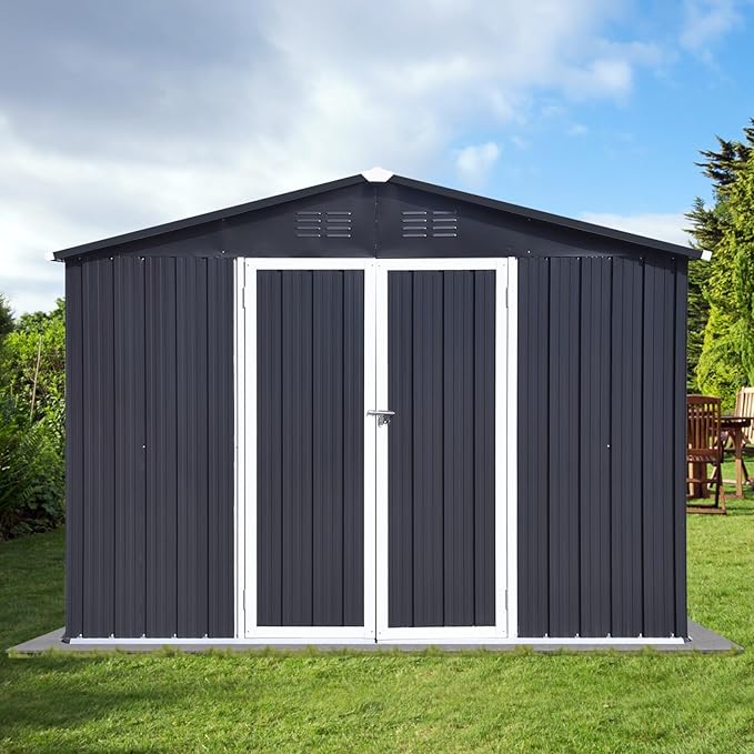 10x12 FT Metal Outdoor Storage Shed & Double Hinged Large Door - Heavy-Duty Shed with Floor, Lockable & Ventilation - Rainproof Windproof Large Utility Garden Shed for Backyard Patio Lawn-Dark Gray